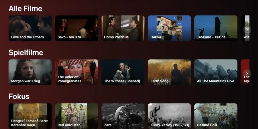 Mediathek der Website des Kurdischen Filmfestivals Berlin mit Filmübersicht nach Kategorien