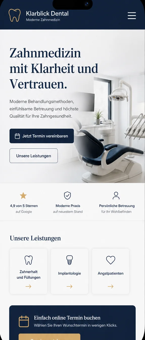 Mobile Website-Screen-Ansicht für Klarblick Dental