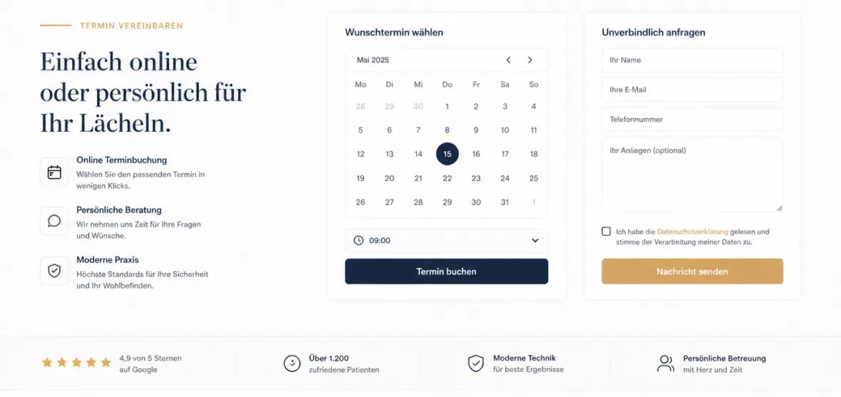 Termin- und Kontaktbereich der Klarblick-Dental-Website