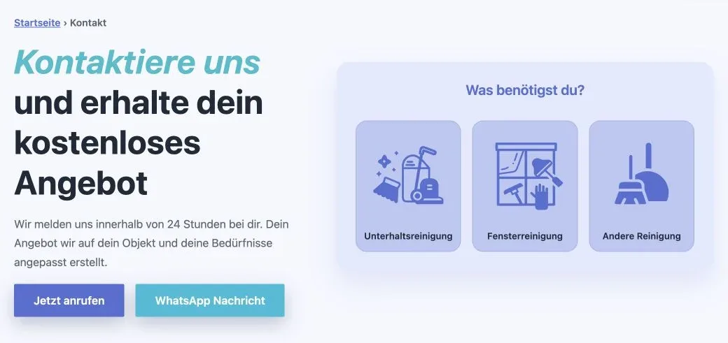 Kontaktseite von TM Sauber & Mehr mit Anruf- und WhatsApp-Button