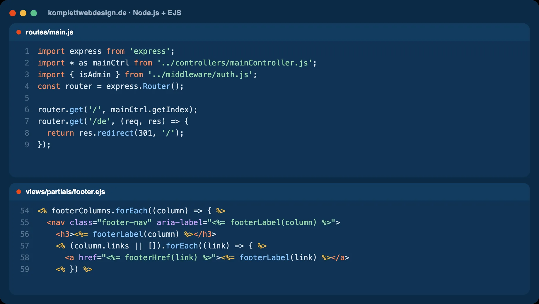 Echter Quellcode dieser Website: Express-Routen in Node.js und ein EJS-Template