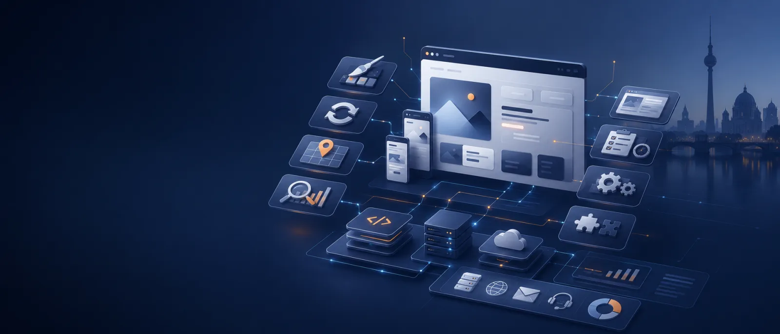 Übersicht der Webdesign-Leistungen mit Website-Struktur, Modulen und Servicebereichen