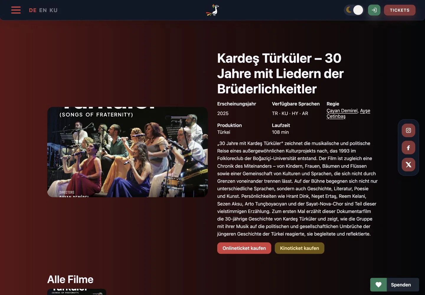 Mediathek des Kurdischen Filmfestivals mit Filmmotiv, Filmdaten und Ticketverlinkungen