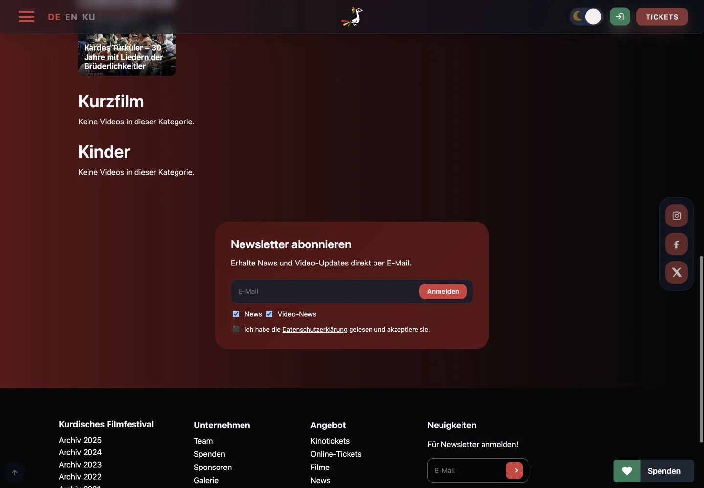 Newsletterformular des Kurdischen Filmfestivals mit Auswahl für News und Videoveröffentlichungen