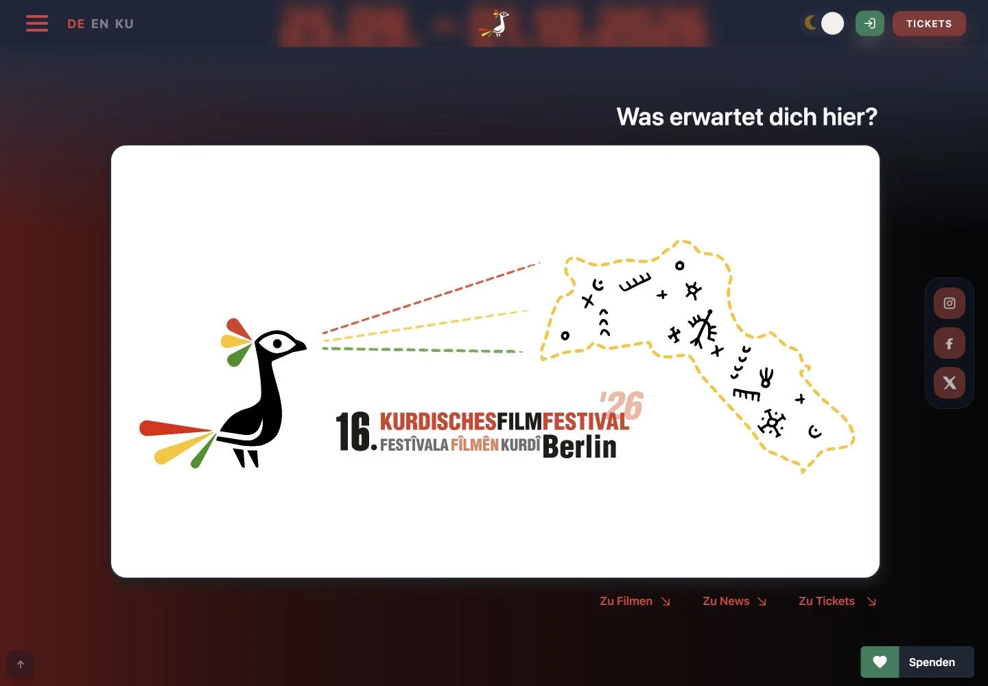 Startseite des Kurdischen Filmfestivals Berlin mit mehrsprachiger Navigation und Festivalmotiv