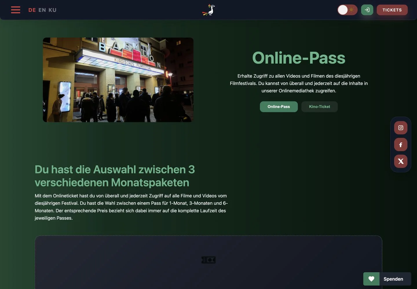 Ticketbereich des Kurdischen Filmfestivals mit Online-Pass und Auswahl für Kinotickets
